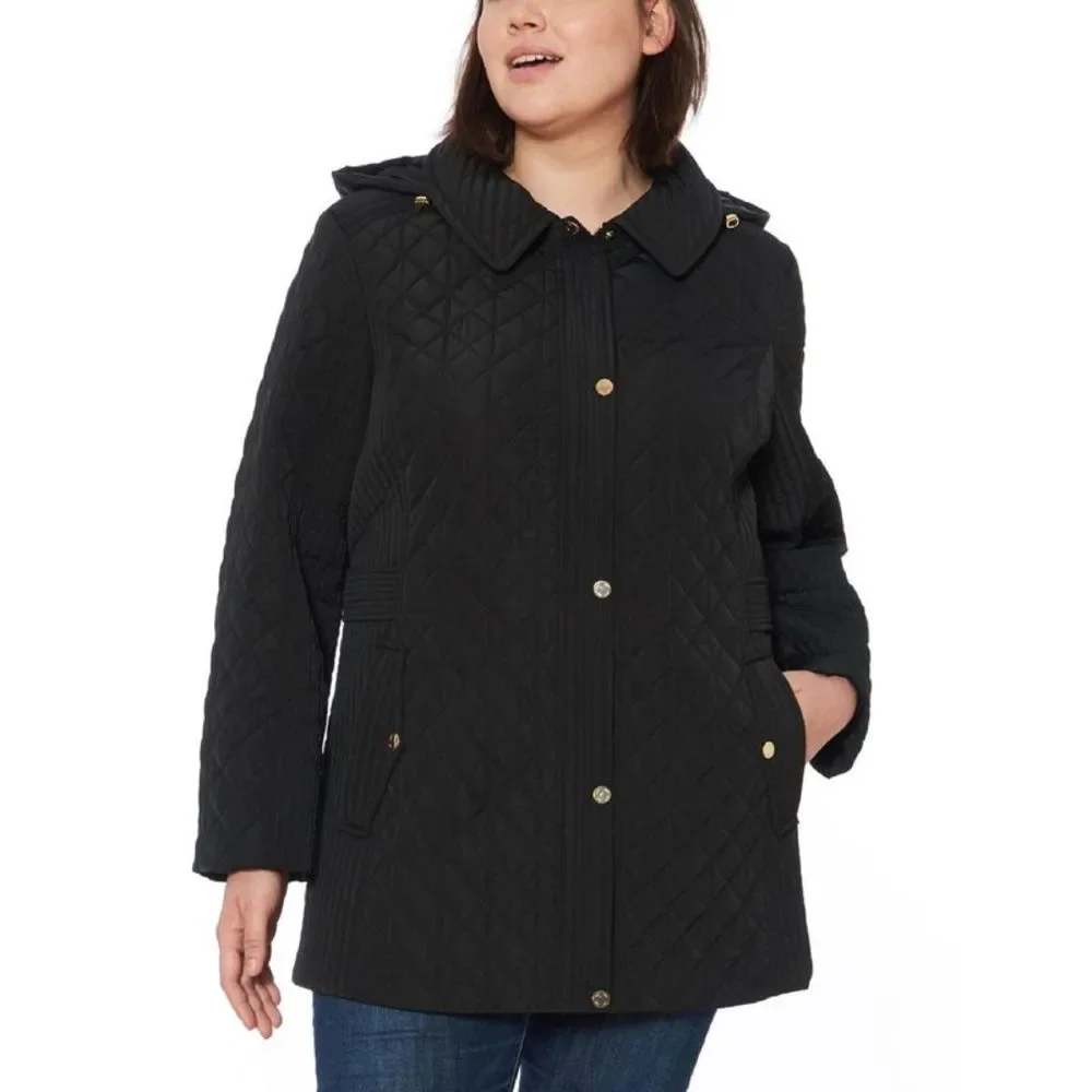 Jones New York Womens Black Midi Cold Weather Quilted Coat Outerwear Plus NWT